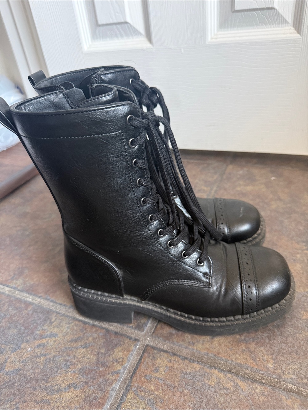Women's Black Lace-Up Moto Combat Boots